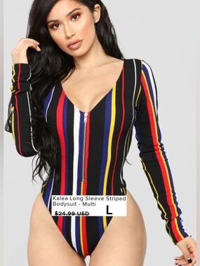 Fashion Nova Multi-Stripe Zip Front Long Sleeve Bodysuit